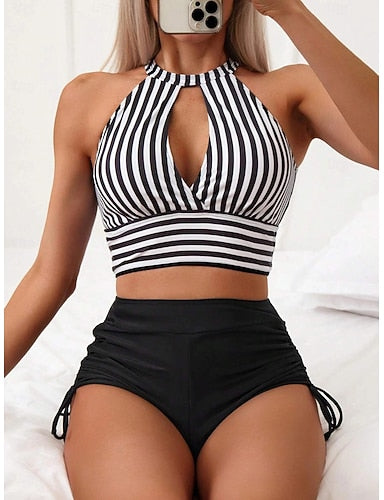 Tankini 2 Piece Swimsuit Ruched Briefs Tummy Control High Waist Slim Backless Vacation Beach Wear Striped Halter Neck Sleeveless Bathing Suits