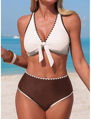 Swimwear One Piece Monokini High Waist Swimsuit Tummy Control High Waist Slim Backless Vacation Beach Wear Color V Neck Sleeveless Bathing Suits