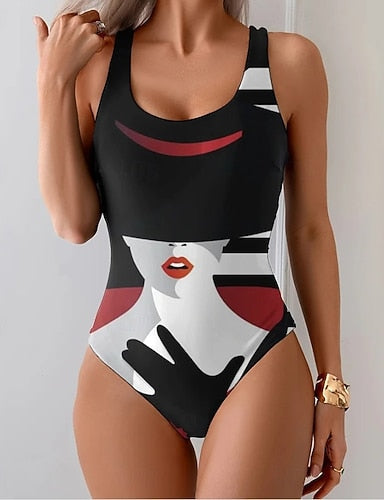 One Piece Swimsuit Slimming Monokini Briefs Tummy Control High Waist Slim Backless Vacation Ombre Graphic U Neck Sleeveless Bathing Suits