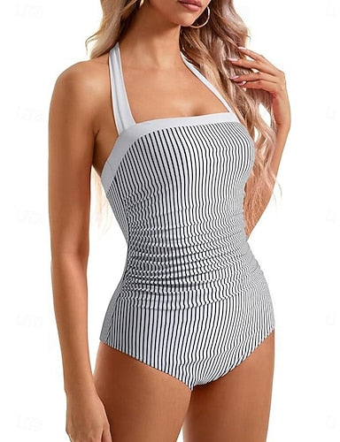 One Piece Swimsuit Slimming Cutout Leopard Monokini Briefs Tummy Control High Waist Slim Backless Vacation Beach Wear Color Color Block Halter Neck Sleeveless Bathing Suits