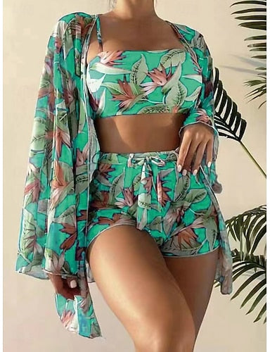 Bikini 3 Piece Swimsuit Palm Shorts Slim Backless Vacation Beach Wear Leaves V Neck Sleeveless Bathing Suits
