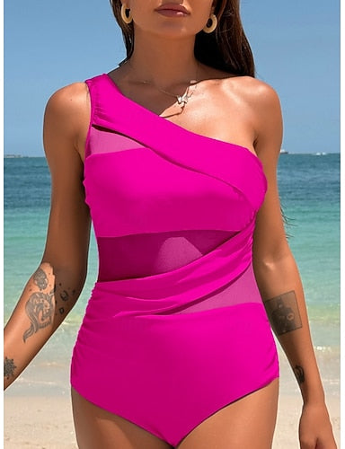 One Piece Swimsuit Ruched Monokini Mesh Tummy Control High Waist Slim Backless Vacation Color Halter Neck Sleeveless Bathing Suits