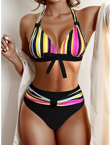 Swimwear Bikini 2 Piece Briefs Swimsuit Slim Backless Vacation Beach Wear Striped Halter Neck Sleeveless Bathing Suits