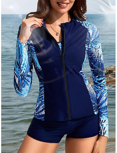 Bikini 3 Piece Swimsuit Zip Front Palm Shorts Tummy Control High Waist Slim Backless Vacation Beach Wear Round Neck Long Sleeve Bathing Suits