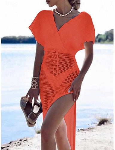 Cover Up Swimsuit Dress Cut Out Knit Vacation Beach Wear Color V Neck Short Sleeves Bathing Suits