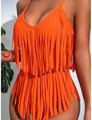 One Piece Swimsuit Monokini Tummy Control High Waist Slim Fringe Backless Vacation Beach Wear Color V Neck Sleeveless Bathing Suits
