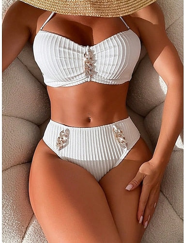 Swimwear Bikini 2 Piece Briefs Swimsuit Backless Slim Vacation Beach Wear Color Halter Neck Sleeveless Bathing Suits