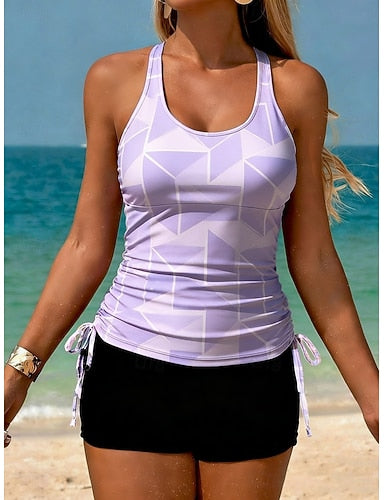 Swimwear Tankini 2 Piece High Waist Swimsuit Tummy Control High Waist Slim Backless Vacation Beach Wear Graphic Geometic U Neck Sleeveless Bathing Suits