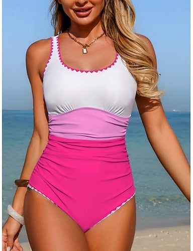 Swimwear One Piece Monokini Swimsuit Tummy Control High Waist Slim Backless Vacation Beach Wear Color Block Scoop Neck Sleeveless Bathing Suits