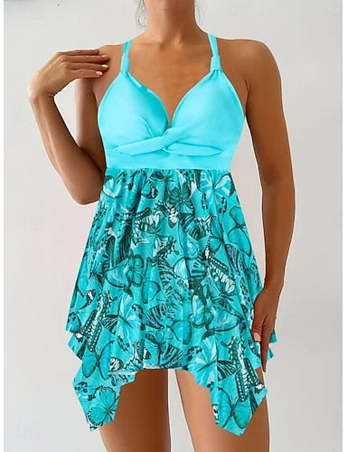 Swimwear Tankini 2 Piece Cheeky Swimsuit Tummy Control High Waist Slim Backless Vacation Beach Wear Graphic V Neck Sleeveless Bathing Suits