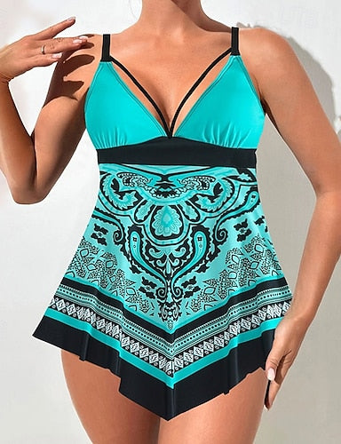 Swimwear 2 Piece Shorts Swimsuit Backless Vacation Beach Wear Graphic V Neck Sleeveless Bathing Suits