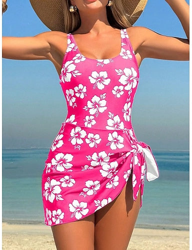 One Piece Swimsuit With Skirt Monokini High Cut Tummy Control High Waist Slim Backless Vacation Graphic U Neck Sleeveless Bathing Suits