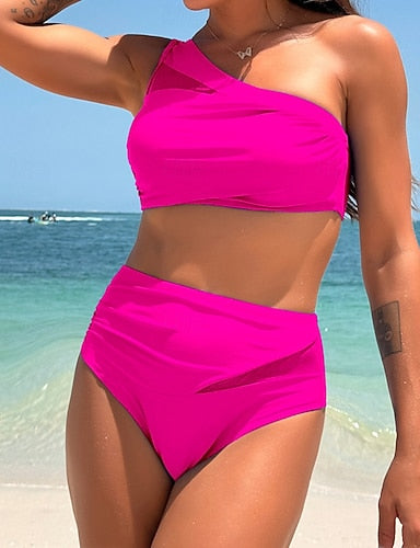 Swimwear 2 Piece Cheeky Swimsuit Ruched Backless Vacation Beach Wear Plain Asymmetric Neck Sleeveless Bathing Suits