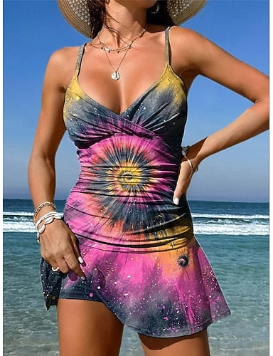 Swimwear One Piece Skirt Swimsuit Vacation Graphic Geometric V Neck Sleeveless Bathing Suits