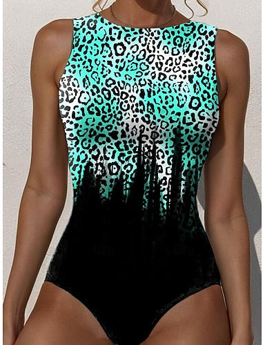 One Piece Swimsuit Slimming Monokini Briefs Tummy Control High Waist Slim Backless Vacation Beach Wear Ombre Graphic Round Neck Sleeveless Bathing Suits