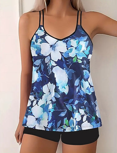 Swimwear 2 Piece Shorts Swimsuit Backless Vacation Beach Wear Graphic Round Neck Sleeveless Bathing Suits