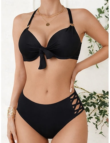 Swimwear Bikini 2 Piece Swimsuit Cut Out Backless Vacation Beach Wear Plain Halter Neck Sleeveless Bathing Suits