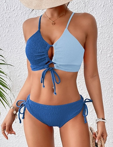 Standard Surfing Tankinis & Bikinis Bikini Sets Bathing Suit Color-blocking Drawstring Open Back Shirred Uv Protection Elastic Sleeveless Swimwear Surfing Diving Swimming Summer