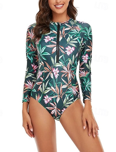 Rash Guard One Piece Swimsuit Patchwork Printed Front Zip Quick Dry Lightweight Breathable Long Sleeve Bodysuit Bathing Suit Surfing Beach Water Sports Summer