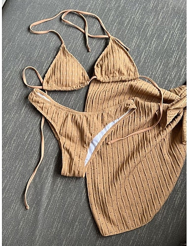 Swimwear Bikini Three Piece Skirt Swimsuit Slim Backless Vacation Beach Wear Color Halter Neck Sleeveless Bathing Suits