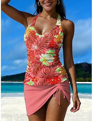 Swimwear Tankini Skirt Swimsuit Vacation Graphic Halter Neck Sleeveless Bathing Suits
