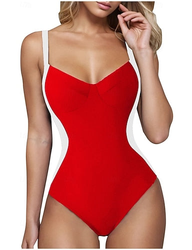 One Piece Swimsuit Slimming Colorblock Monokini Briefs Tummy Control High Waist Slim Backless Vacation Color Block V Neck Sleeveless Bathing Suits
