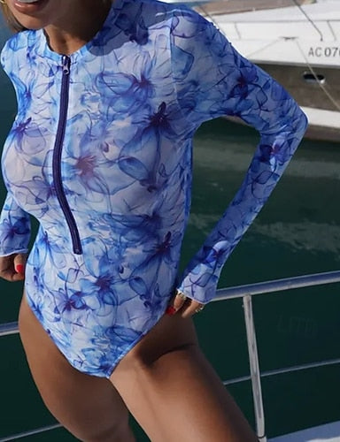 Bathing Suit One Piece Swimsuits Graphic Zip Up Uv Protection Long Sleeve Swimwear Surfing Beach Vacation Spring