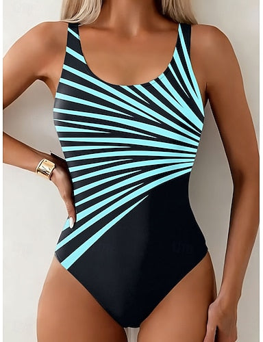 Swimwear One Piece Briefs Swimsuit Vacation Graphic Geometric Round Neck Sleeveless Bathing Suits