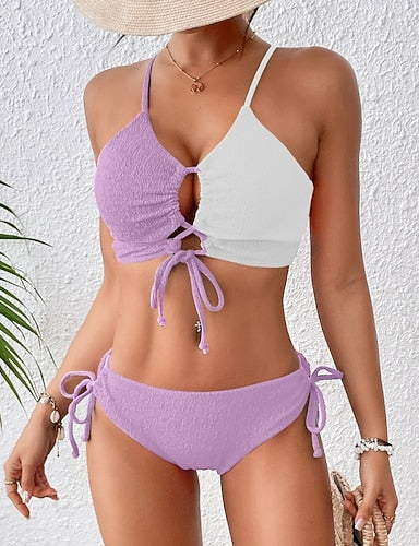 Standard Surfing Tankinis & Bikinis Bikini Sets Bathing Suit Color-blocking Drawstring Open Back Shirred Uv Protection Elastic Sleeveless Swimwear Surfing Diving Swimming Summer