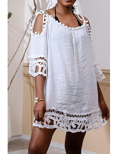 Swimwear Cover Up Swimsuit Cut Out Vacation Beach Wear Plain Round Neck Short Sleeves Bathing Suits