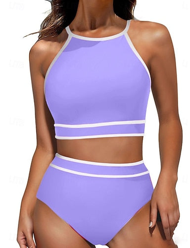 Tankini 2 Piece Swimsuit Briefs Tummy Control High Waist Slim Backless Vacation Beach Wear Scoop Neck Sleeveless Bathing Suits