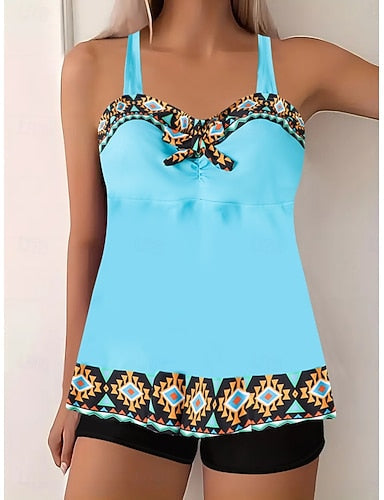 Tankini 2 Piece Swimsuit Boy Leg Tummy Control High Waist Slim Backless Vacation Beach Wear Geometic V Neck Sleeveless Bathing Suits
