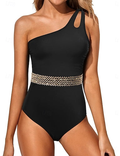 One Piece Swimsuit Slimming One Shoulder Colorblock Monokini Tummy Control High Waist Slim Backless Vacation Beach Wear Color Graphic Asymmetric Neck Sleeveless Bathing Suits