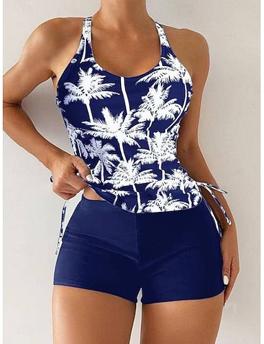 Tankini 2 Piece Swimsuit Palm Boy Leg Tummy Control High Waist Slim Backless Vacation Beach Wear Graphic U Neck Sleeveless Bathing Suits
