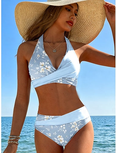Bikini 2 Piece Swimsuit Cheeky Stylish Graphic V Neck Sleeveless Bathing Suits