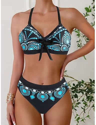 Bikini 2 Piece Swimsuit Cheeky Slim Backless Vacation Beach Wear Graphic Color Block Halter Neck Sleeveless Bathing Suits