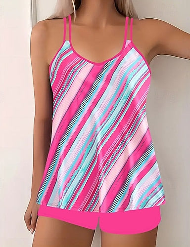 Swimwear 2 Piece Shorts Swimsuit Backless Vacation Beach Wear Striped Round Neck Sleeveless Bathing Suits