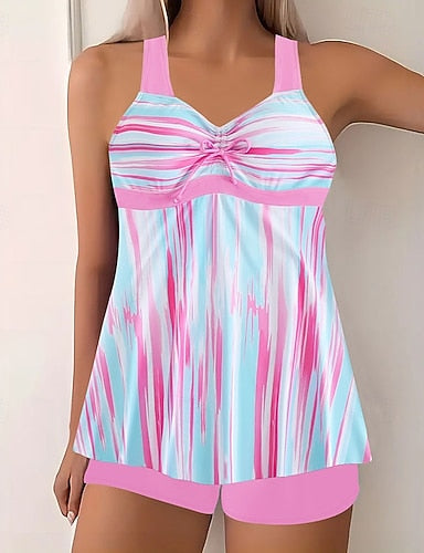 Swimwear 2 Piece Shorts Swimsuit Backless Vacation Beach Wear Graphic Round Neck Sleeveless Bathing Suits