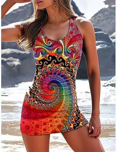 Tankini 2 Piece Swimsuit Ruched With Skirt Skirt 3d Vacation Beach Wear Graphic Round Neck Sleeveless Bathing Suits