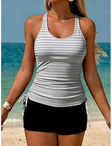 Swimwear Tankini 2 Piece High Waist Swimsuit Tummy Control High Waist Slim Backless Vacation Beach Wear Striped U Neck Sleeveless Bathing Suits