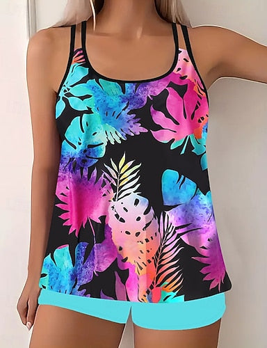 Swimwear 2 Piece Shorts Swimsuit Backless Vacation Beach Wear Graphic Round Neck Sleeveless Bathing Suits
