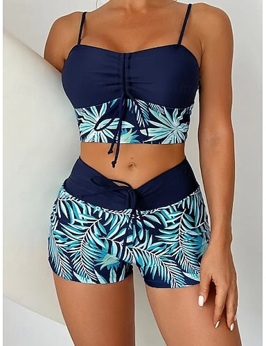 Swimwear Tankini Cheeky Swimsuit Patchwork Vacation Beach Wear Graphic Round Neck Sleeveless Bathing Suits