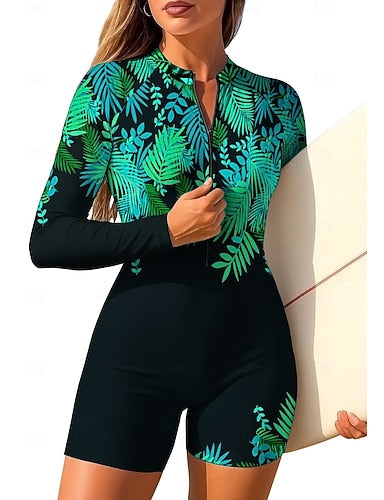 Rash Guard One Piece Surfing Suit Bathing Suit Tropical Color-blocking Zip Up With Built in Bra Removable Pad Uv Sun Protection Upf50+ Ultra Light (ul) Long Sleeve Swimwear Sun Shirt