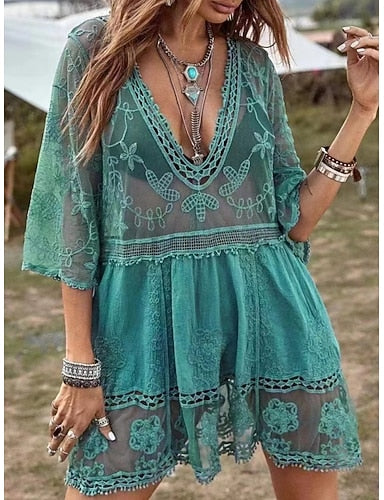 Cover Up Swimsuit Dress Lace Patchwork Vacation Beach Wear Color V Neck Long Sleeve Bathing Suits