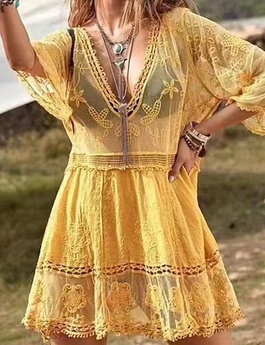 Cover Up Swimsuit Dress Lace Patchwork Vacation Beach Wear Color V Neck Long Sleeve Bathing Suits