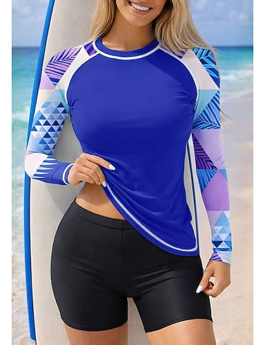 Rash Guard Swimsuit Rash Guard Tankini Swimsuits Geometric Color-blocking 2 Piece Removable Pad Boyleg Uv Sun Protection Upf50+ Uv Protection Long Sleeve Swimwear Sun Shirt Surfing Canoeing