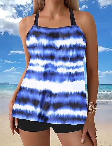Swimwear 2 Piece Shorts Swimsuit Backless Vacation Beach Wear Graphic Round Neck Sleeveless Bathing Suits
