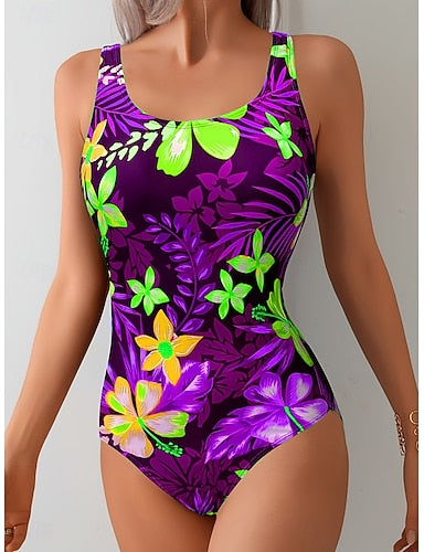 Swimwear One Piece High Cut Swimsuit Beach Wear Summer Graphic U Neck Sleeveless Bathing Suits