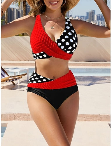 Bikini 2 Piece Swimsuit Ruched Colorblock Cheeky Slim Backless Vacation Beach Wear Graphic Geometric V Neck Sleeveless Bathing Suits