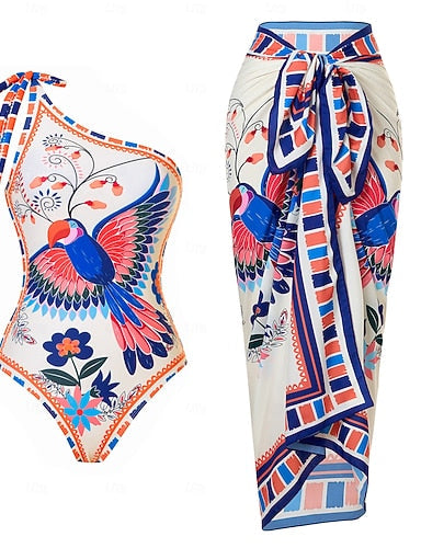 Swimwear One Piece 2 Piece Monokini Skirt Swimsuit Tummy Control High Waist Slim Backless Vacation Tropical Graphic Asymmetric Neck Sleeveless Bathing Suits